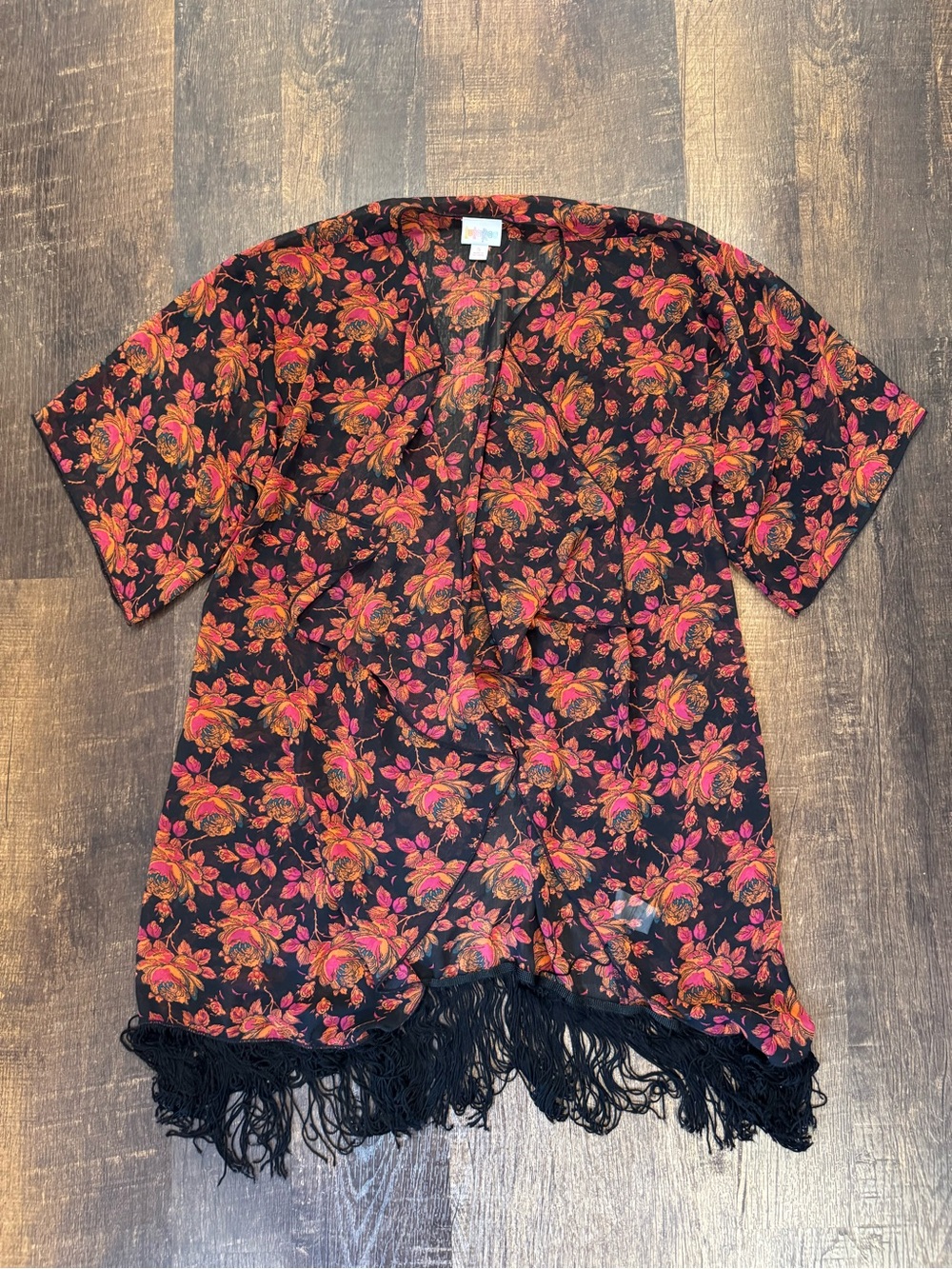 Lularoe Floral Fringe Kimono Cardigan - Black with Pink & Orange Flowers
